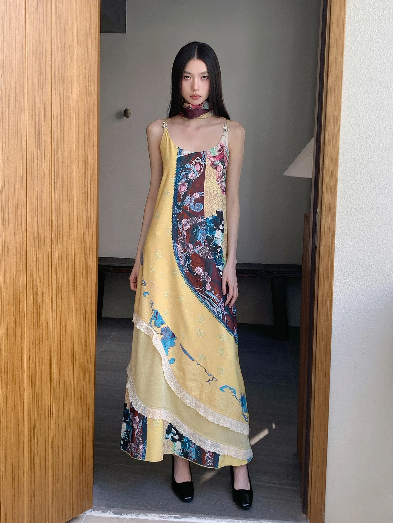 REDDACHiC Women Stitch Lace Camisole Long Dress Aesthetic Print A-line Snake-shaped Buckle Loose Sundress Vintage Boho Clothes