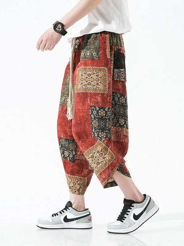 

Мужские свободные брюки-шаровары большого размера для пляжа, широкие брюки-фонарики с этническим принтом, на резинке, повседневные...