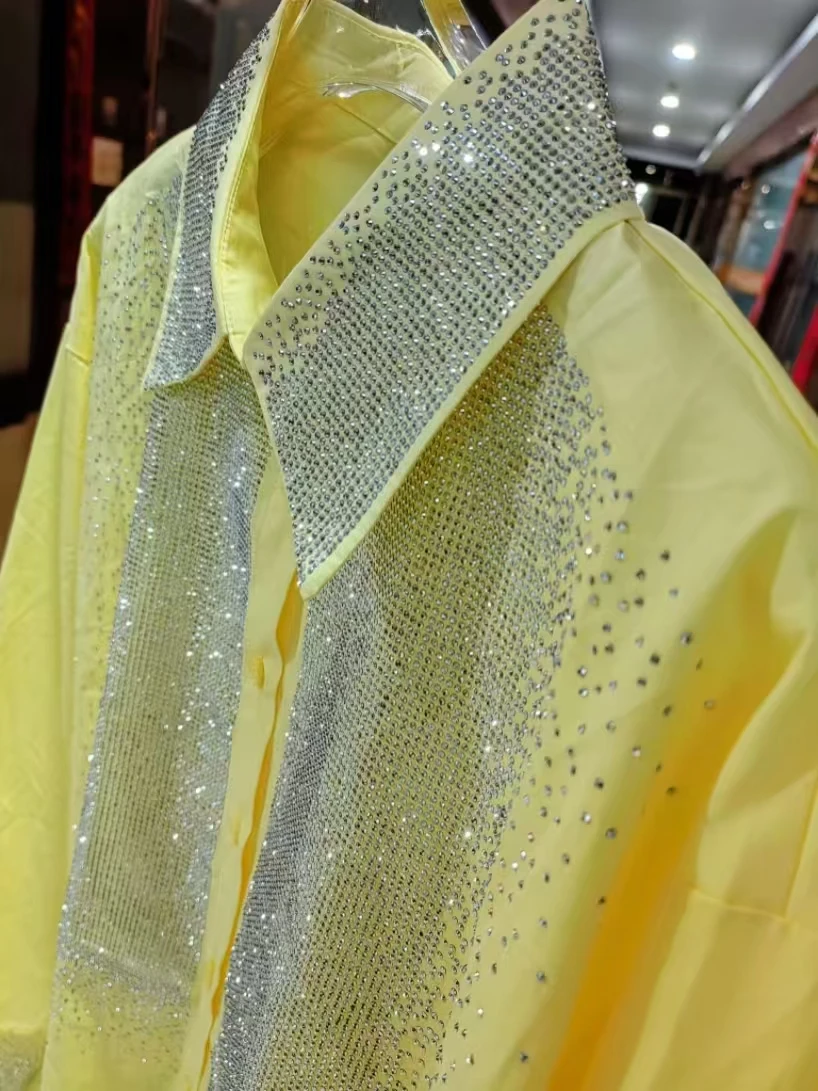 เสื้อเชิ้ตและเสื้อเบลาส์ผ้าฝ้ายสีเหลืองประดับเพชรหรูหราสำหรับผู้หญิง เสื้อแขนยาว เสื้อผ้าผู้หญิง สไตล์ Y2K