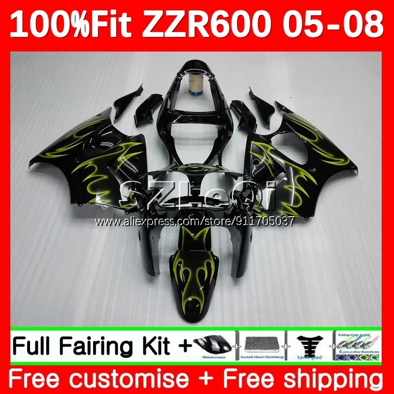 OEM Fairing For KAWASAKI NINJA ZZR-600 ZZR600 ZZR 600 05 06 07 08 yellow flames 4No.19 ZZR600 2005 2006 2007 2008 Injection Body