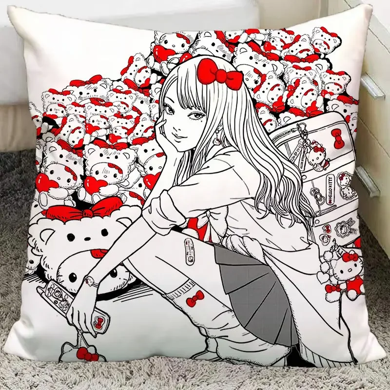 Hello Kitty Junji Ito Tomie Anime Peripheral Pillow Kawaii Cartoon Home Decor Bedside Sofa Dormitory Soft Cushion Cute Toy Gifts