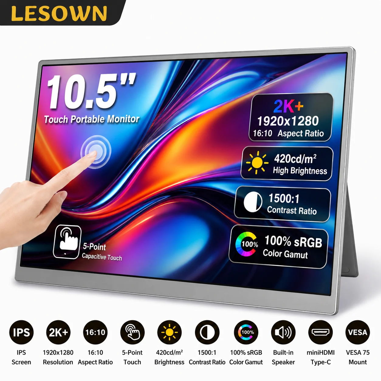 LESOWN 10.5" 2K Touch Mobile Monitor 100% sRGB Plug & Play Productivity Display Screen Extender for Business & Office Scenarios