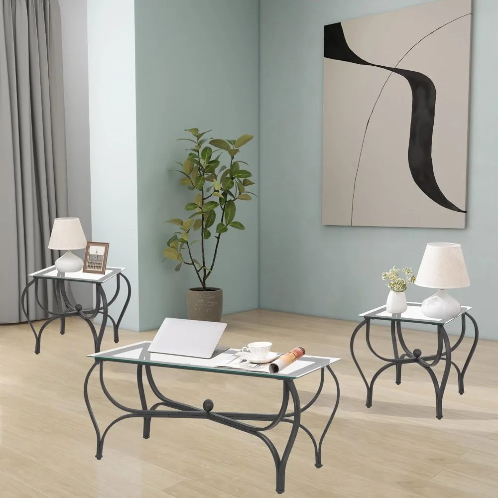 3-Piece Coffee Table Set, Tempered Glass Surface Living Room Sets, Coffee Table & 2 End Side Table, Metal Frame for Living Room,