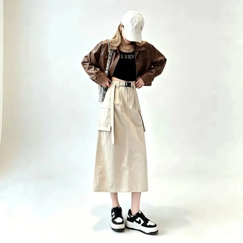 Women Pure Cotton Cargo Midi A-Line Skirt Casual Street Versatile Half Skirt Streetwear Chic Ladies Bottoms