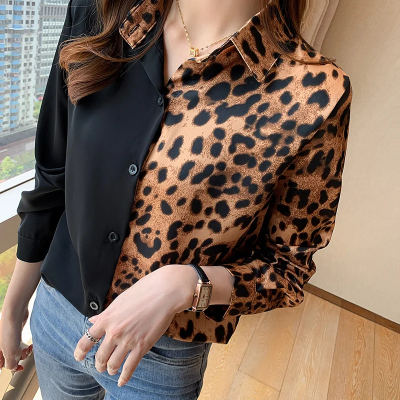 Fashion Leopard Contrast Stitching Ladies Shirts Blouses Casual Women Tops Female Woman Button Up Shirt Girl Long Sleeve Blouse