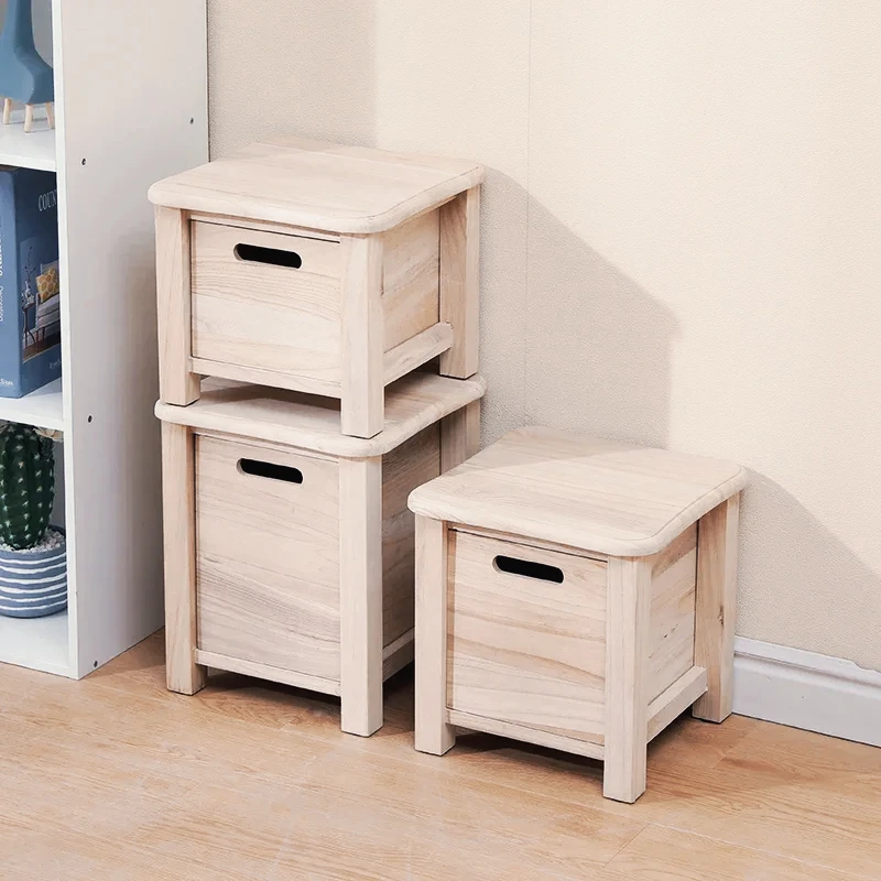 

Nordic Square Storage Stool with Drawer Entrance Hallway Bench Bedside Low Table Ottoman Solid Wood Furniture Functional