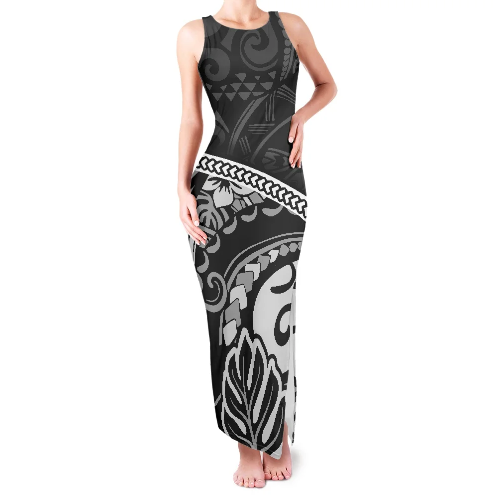 Black White Sexy Evening Dress Polynesia Retro Pattern Printing Clothing Women Summer Sleeveless Round Neck Slit Vest Long Skirt