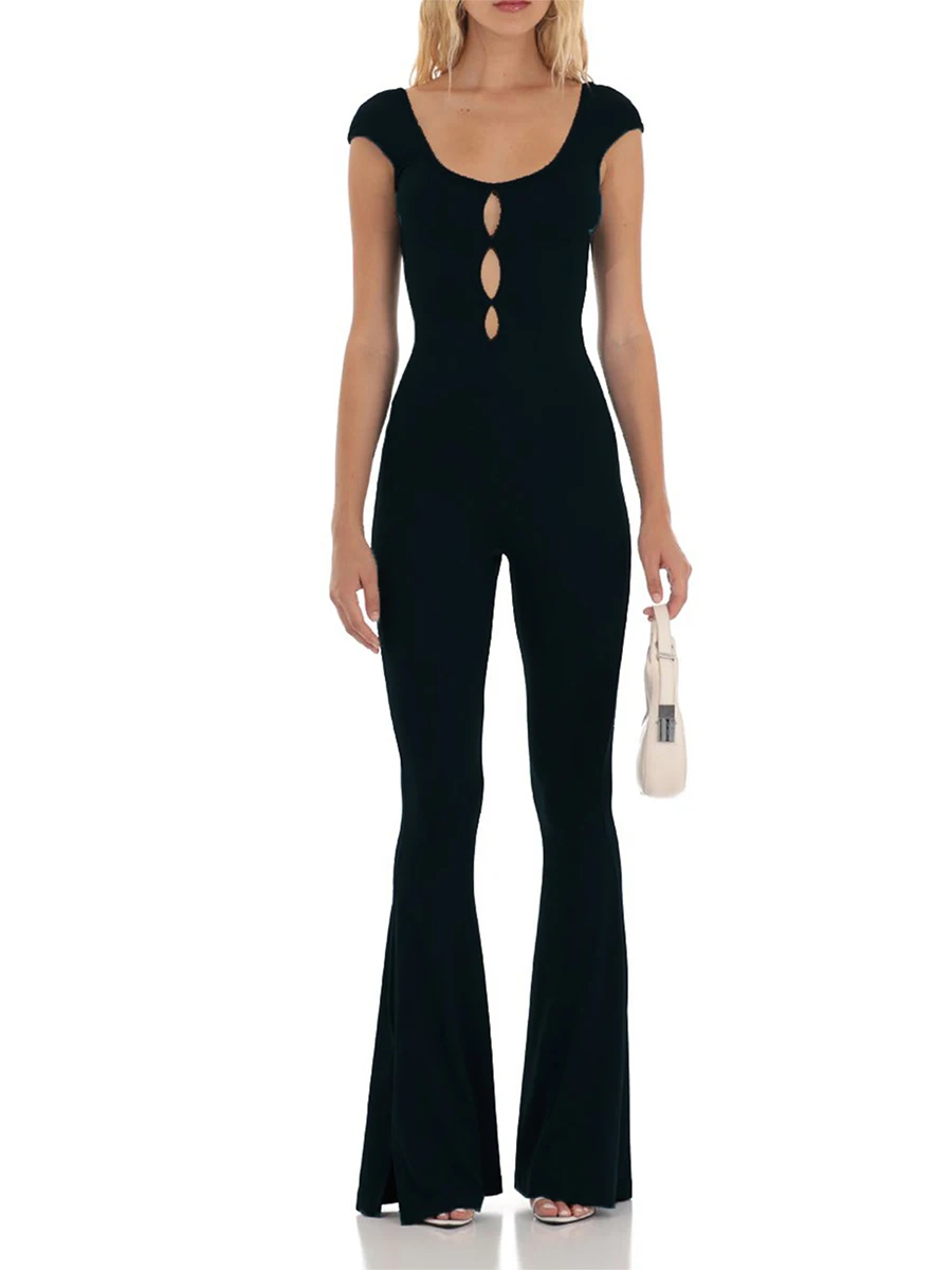 

Women's Full-Length Jumpsuit, Solid Color Cutout Front Cap Sleeve Front Flare Pants Playsuit Clubwear for Yoga Suits