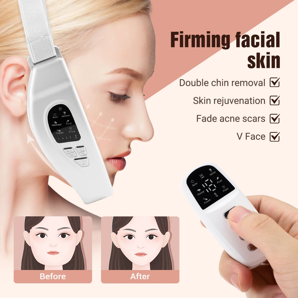 EMS Face Slimming Device Double Chin V Shape Lift Belt 5 Color Lights Hot Compress Face Vibration Massager With Remote Control