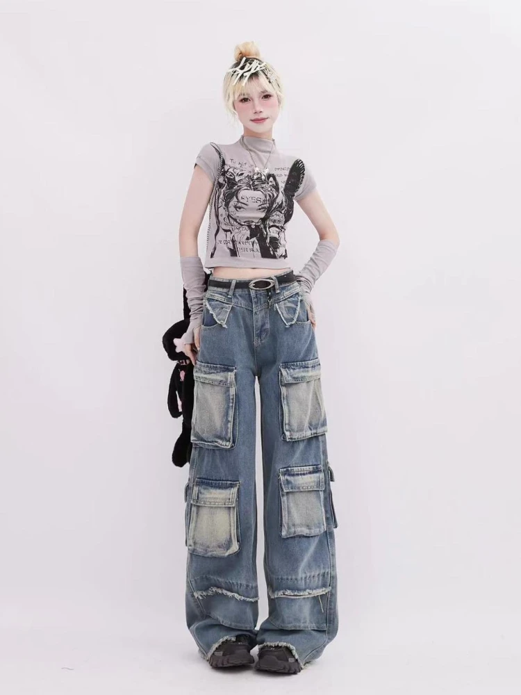 ADAgirl Multi-pocket Cargo Jeans Women Y2k Hip Hop Retro Baggy High Waist Wide Leg Denim Pants Harajuku Streetwear Chic Bottoms