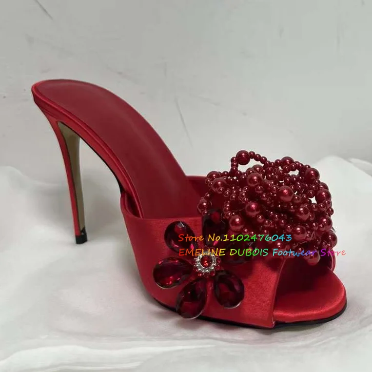 

Luxurious Flower Crystal High Heel Slipper Women Peep Toe Rhinestone Stiletto Heel Solid Color Outside Wedding Banquet Shoes