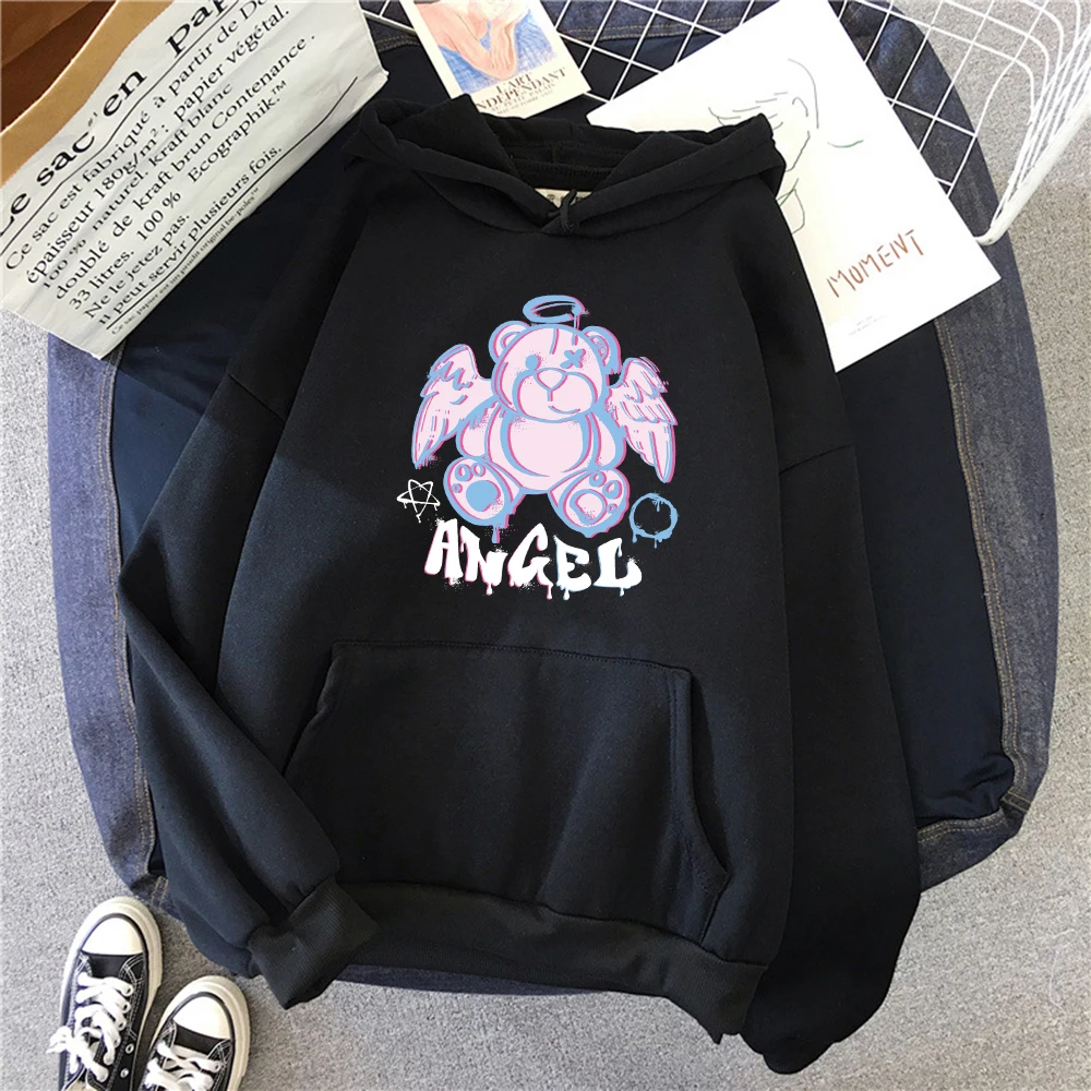 Angel Cartoon Bear Print Women Hoody Personality Oversized Hoodie Hip Hop Fashion Clothes Multicolor Fleece Y2K Streetwear