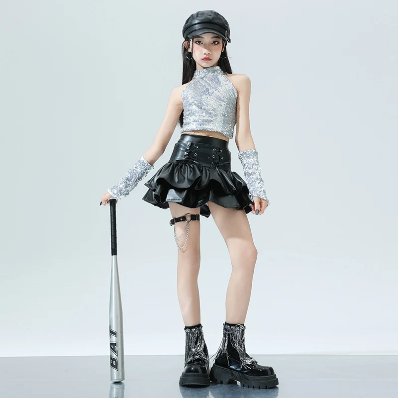 Kid's Hip Hop Dancing Set Girl's Street K POP Performance Costume Jazz Dance School Team Outfit Silvery Vest Black Skirt XH1512