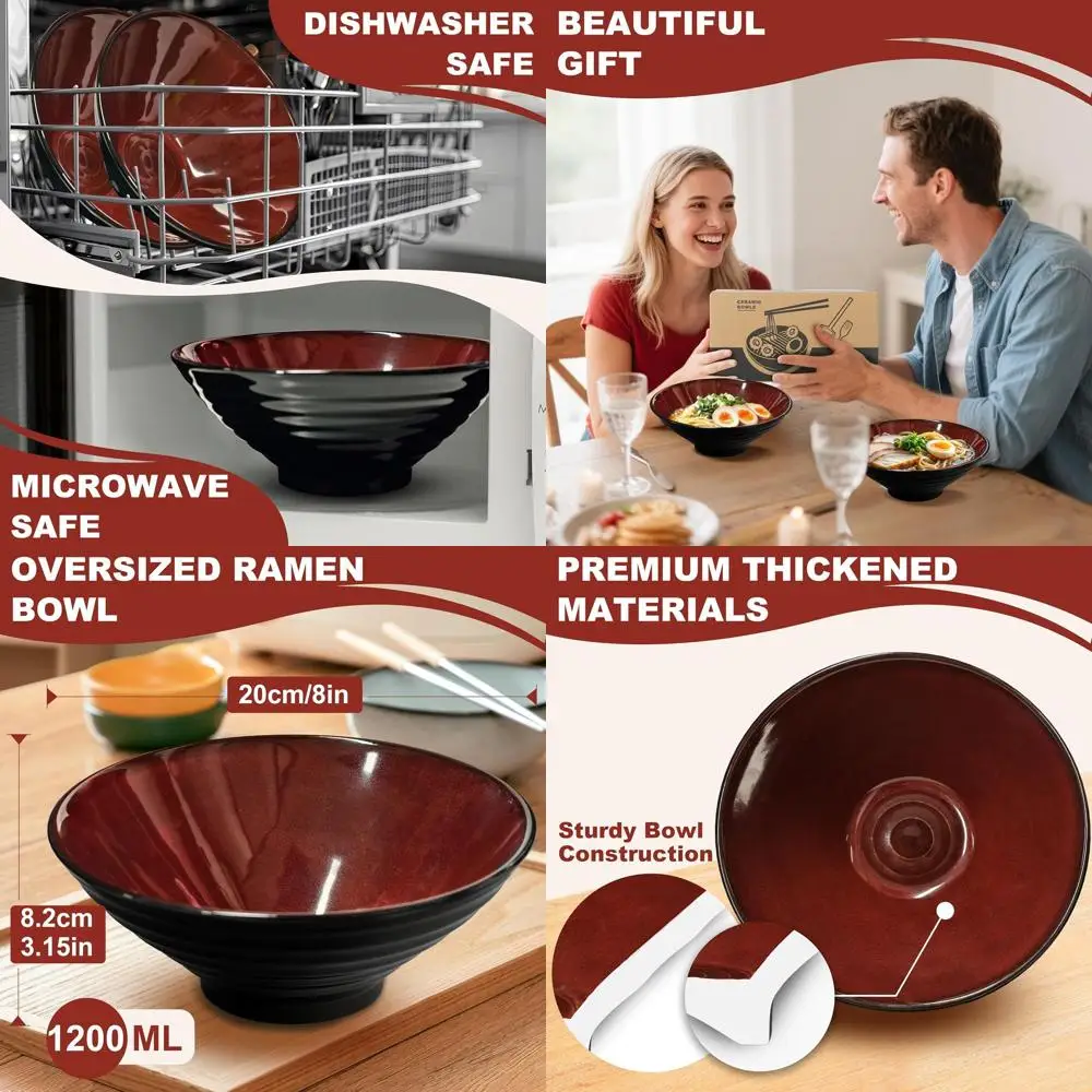 

8-Piece Ceramic Ramen Set - 8-Inch Japanese Porcelain Bowls, Dishwasher & Microwave Safe, with Utensils, Ideal for Noodles, Sala
