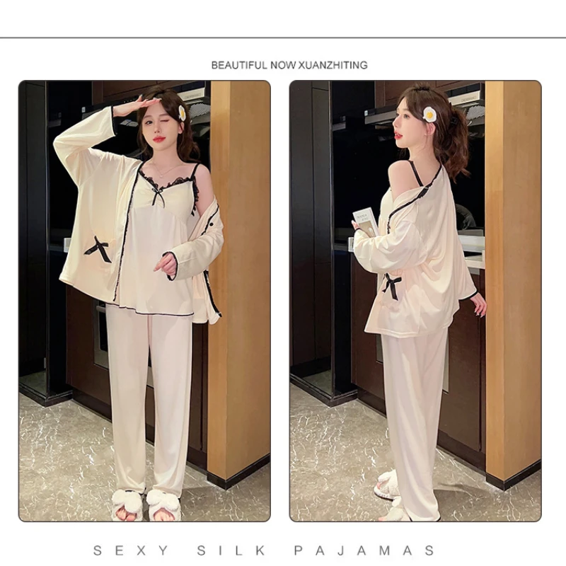 M-5XL Plus Size Women Pajamas Korean Students 3 Piece Set Sleepwear Solid Bra Free Camisole Cardigan Pants Homewear Loungewear