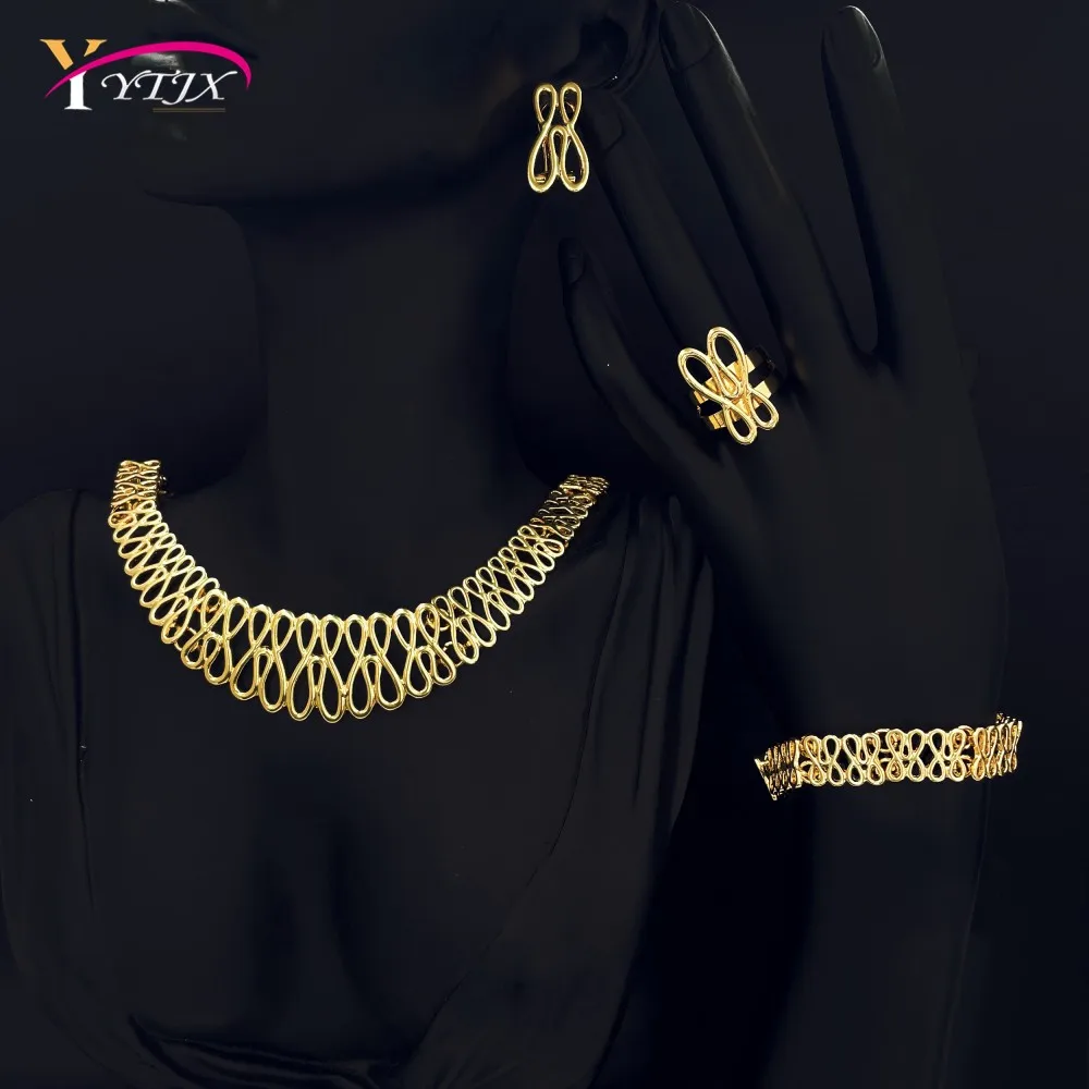 YTJX 8 Shape Jewelry Set 18K Gold Plated Choker Necklace Bracelet Stud Earring Ring Africal Dubai Nigeria Wedding Gifts  ﻿