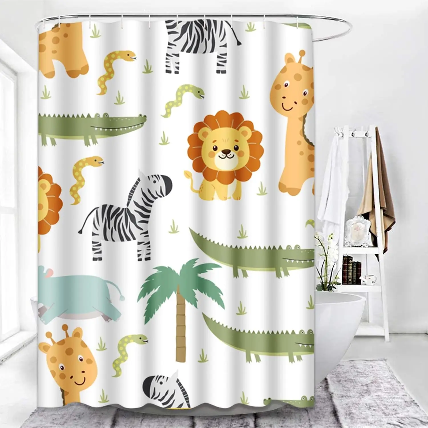 

Занавеска для душа с изображением животных сафари с милым бегемотом, крокодилом, львом, слоном и жирафом в детском стиле, водонепроницаемой полиэфирной ткани