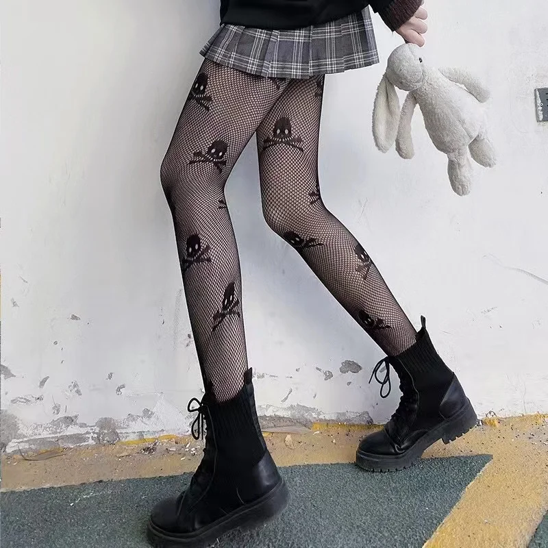 Fishnet Gothic Punk Stil Mesh Schädel Druck süße Strumpfhosen Piraten Halloween Kostüm Sexy Strumpfhosen JK Party Club Kawaii Strumpf – Detail 5