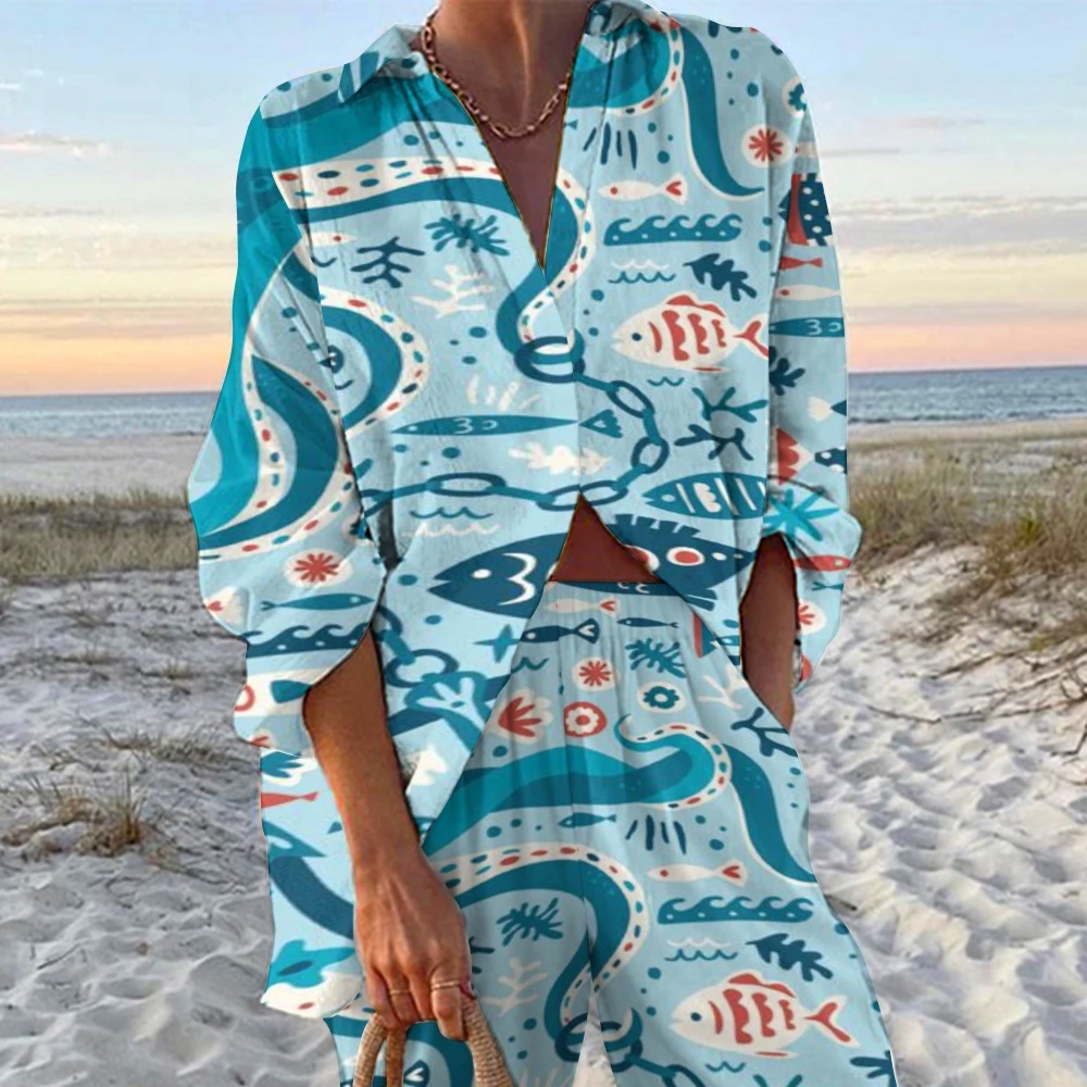 New Cartoon Sardines Printed Beachwear 2-piece Set V-Neck Sexy Loose Casual Shirt Fashion High Waist Straight Pants Women