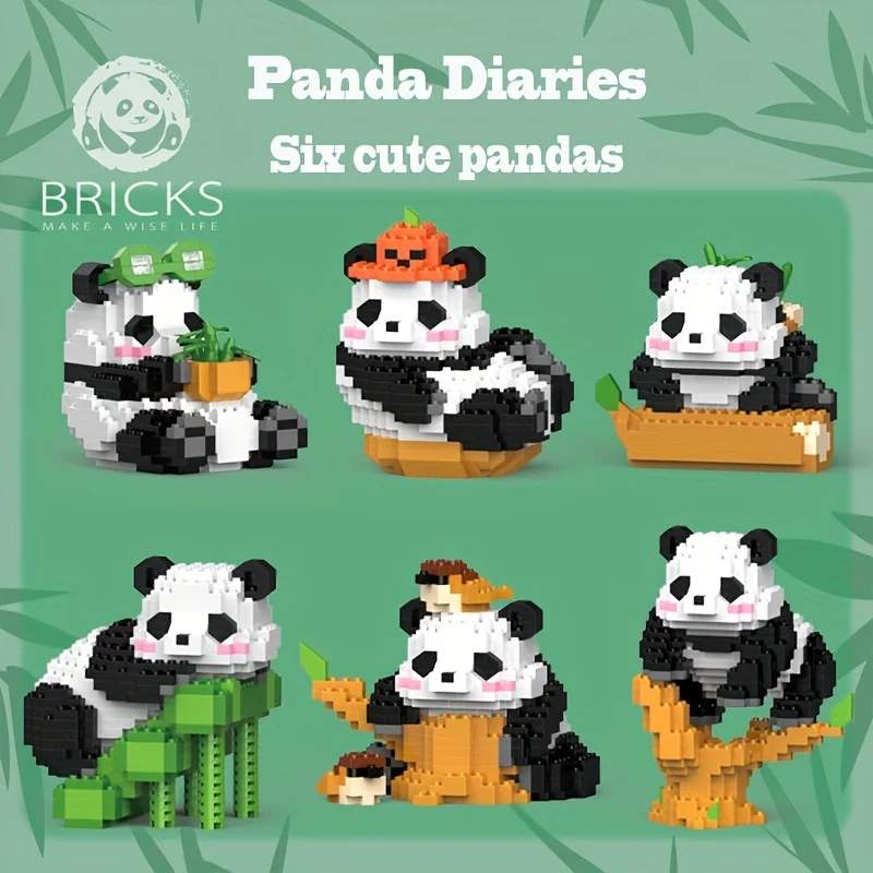 6pcs Cute Panda Building Blocks Creative Series Assembled Educational Toy Model Decoration Birthday Christmas Gift