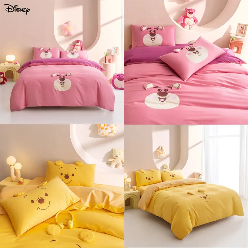 Disney Lotso Pooh Bear Bedding Set 100% Cotton Bedclothes King Queen Double Single Duvet Cover Bedsheet Pillowcase Home Textile