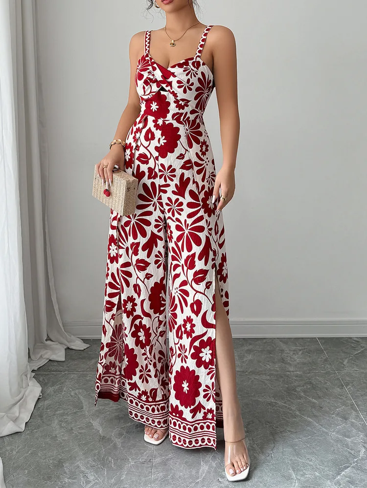 

2025 Spring Summer Elegant Floral Print Jumpsuit for Women Knot Front Spaghetti Strap Wide Leg Romper with Plant Pattern