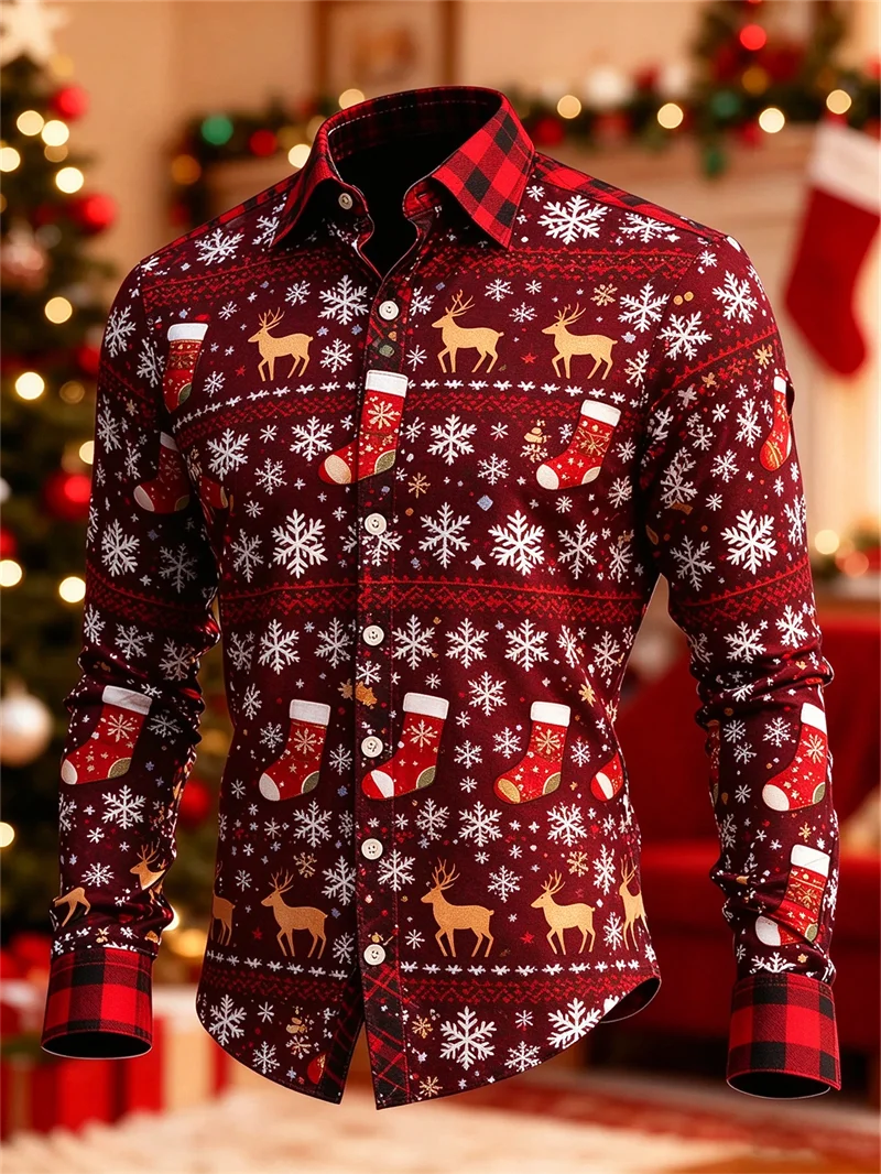 New men's wine red Christmas long sleeved shirt, reindeer Christmas socks, snowflake print red Haig collar shirt