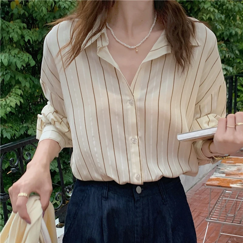 

Korean Fashion Women's Striped Shirt Loose Polo Collar Office Long Sleeve Casual Shirt 2023 New Yellow Pink White summer