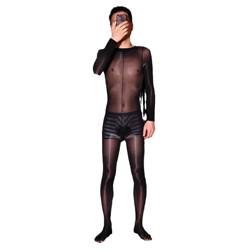 Men Use Sexy See Through Open Hole Long Johns with Penis Cover Front Open Crotch Full Body Shapers Erotic Breathable Underwear