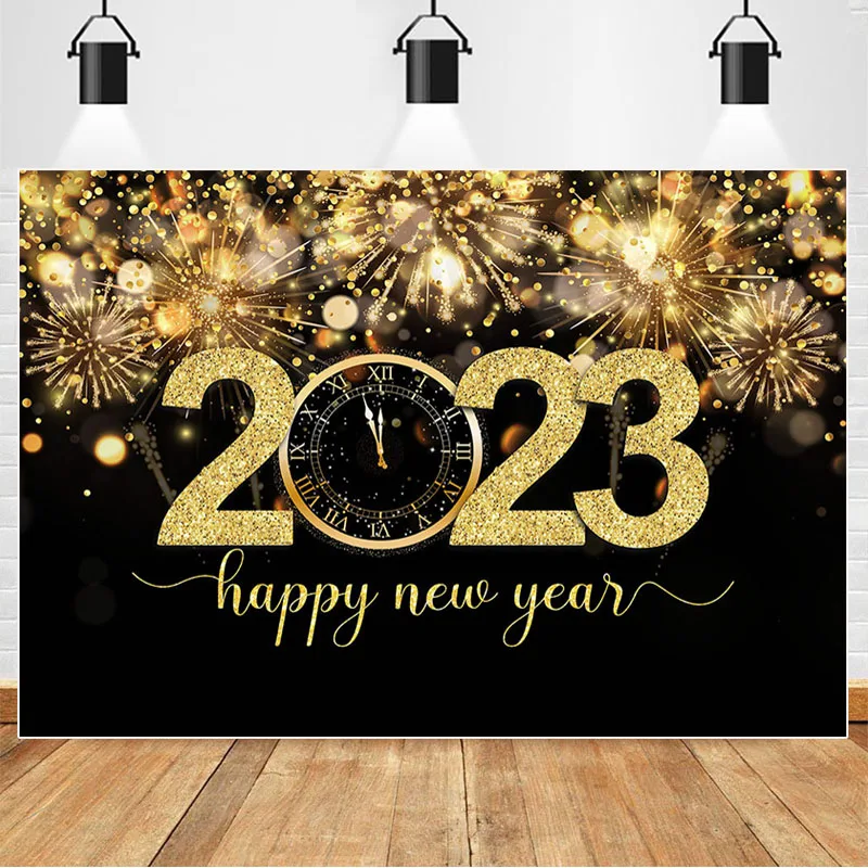 2023 New Year Photography Backdrop Golden Clock Bokeh Fireworks Photocall Background Props Family Party Photo Props Studio Booth