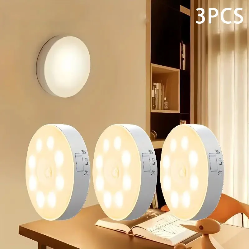 3pcs Body Sensing Night Lights 8LED Rechargeable Indoor Light For Bedroom Kitchen Stairs Hallways Closets Wardrobes Lighting