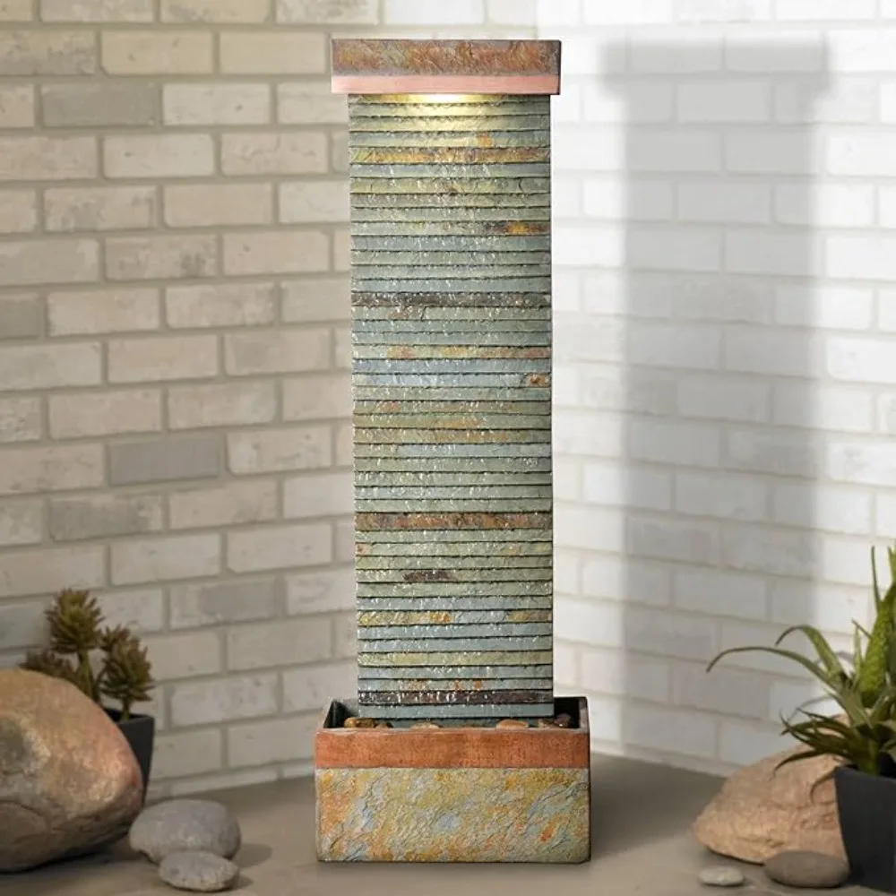 

Stave 48" High Large Rustic Indoor Outdoor Decor Copper and Slate Stone Floor Fountain with Light LED Standing Waterfall Tall