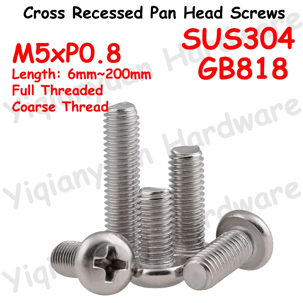 Yiqianyuan GB818 M5xP0.8 Coarse Thread SUS304 Stainless Steel Cross Recessed Pan Head Phillips Screws Precision Machine Bolts