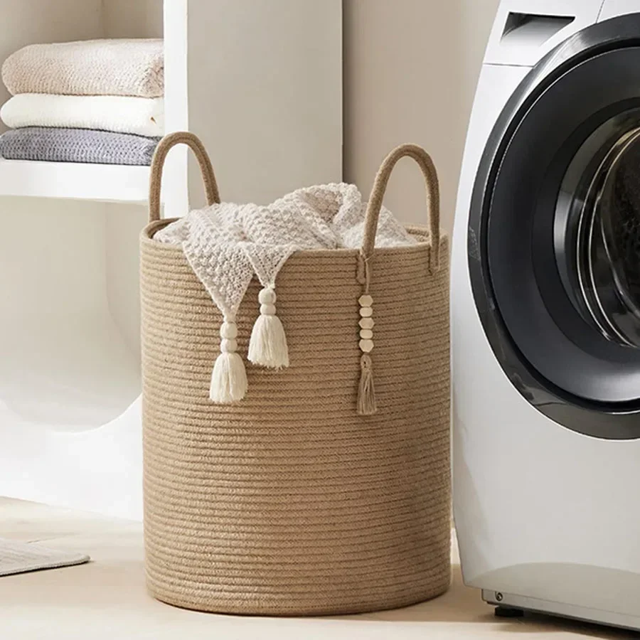 Large Storage Basket Tall Woven Decorative Laundry Hamper with Handles Foldable Cotton Rope for Clothes Kids Toys Living Room view 2
