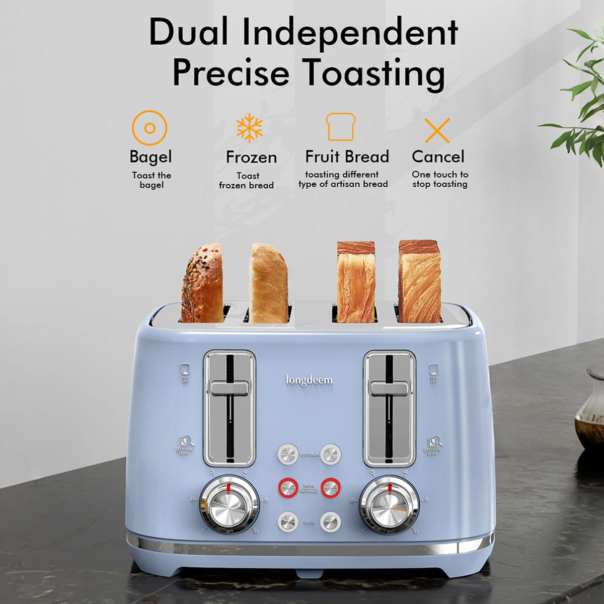 4-Scheiben-Toaster, 1,5 Zoll extra breite Edelstahlschlüsse, zwei Steuerungen, abnehmbares Krümelschale, 6 Farbfassungen, blau