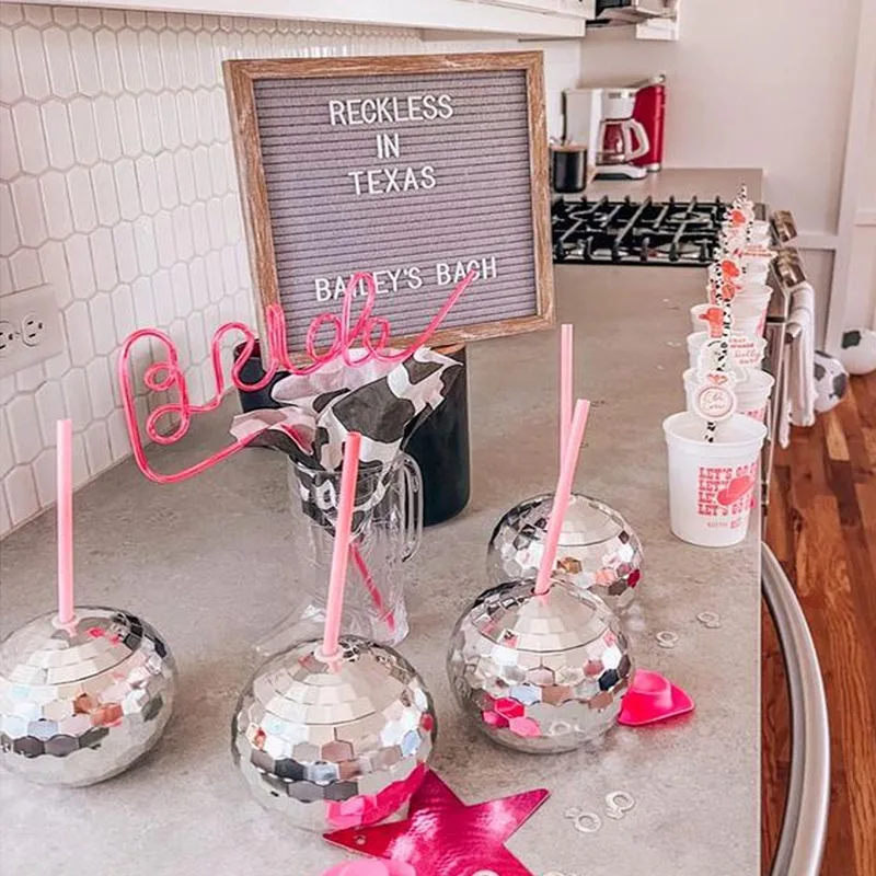 Disco Ball Cups com canudos Casamento Chuveiro De Noiva Bachelorette Decoração Cocktail Cup Drink Garrafa Verão Praia Piscina Suprimentos