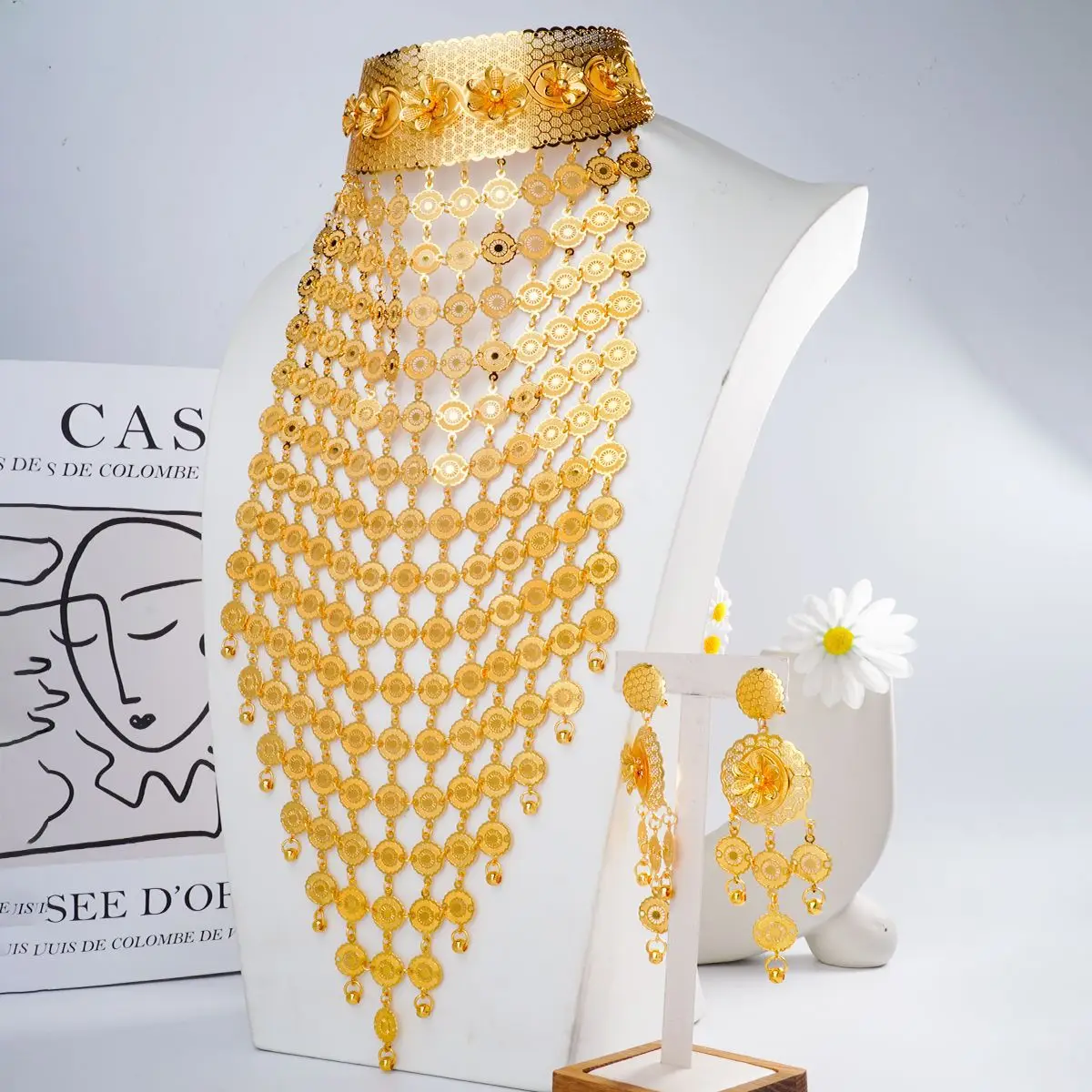Luxury 24K 9999 Pure Gold real gold Middle East Bride Necklace Stud Earring Set