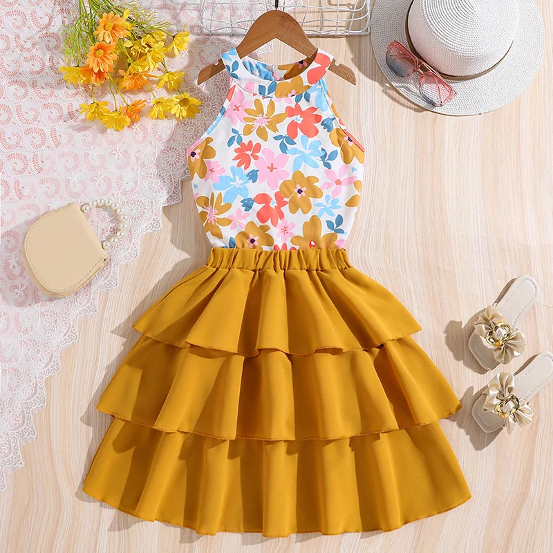 Kids Clothes Sets For Girls Printed Sleeveless Top And Solid Color Puffy Dress Resort Style Beach Suit And Cute Princess Outfits