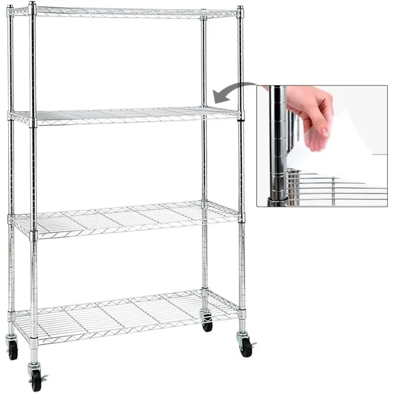 4-Shelf Shelving Units and Storage on 3'' Wheels with 4-Shelf Liners, Adjustable Heavy Duty Steel Wire Shelving Unit