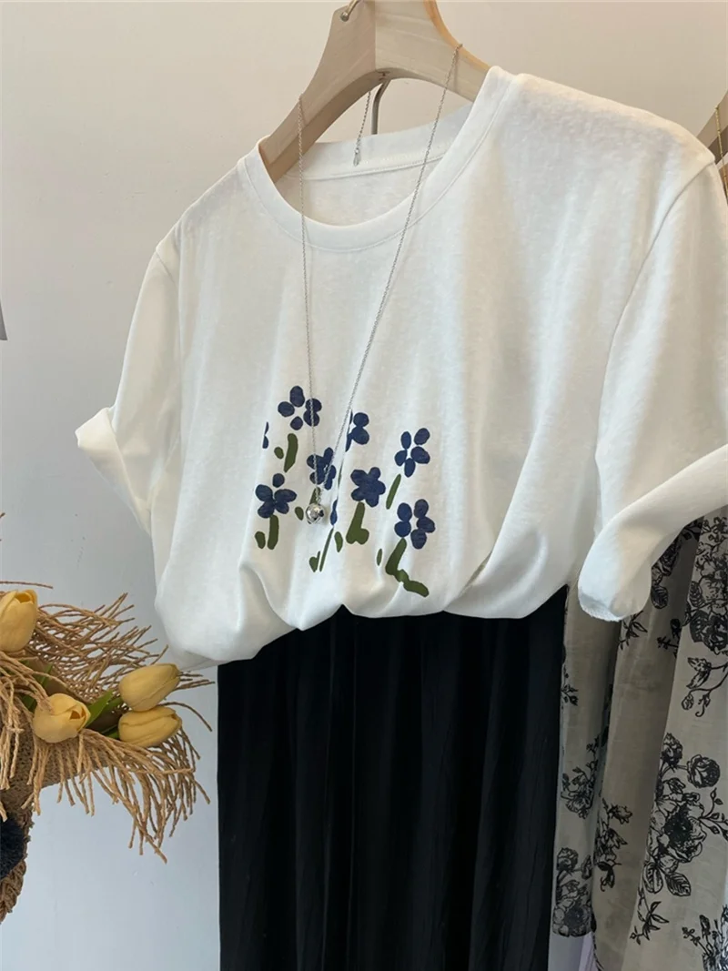 Camiseta Extra Grande de 300 Pou, Estilo Artístico Floral, Informal, Redonda, para Mujer, Top Versátil y Estilizador, Estilo Coreano