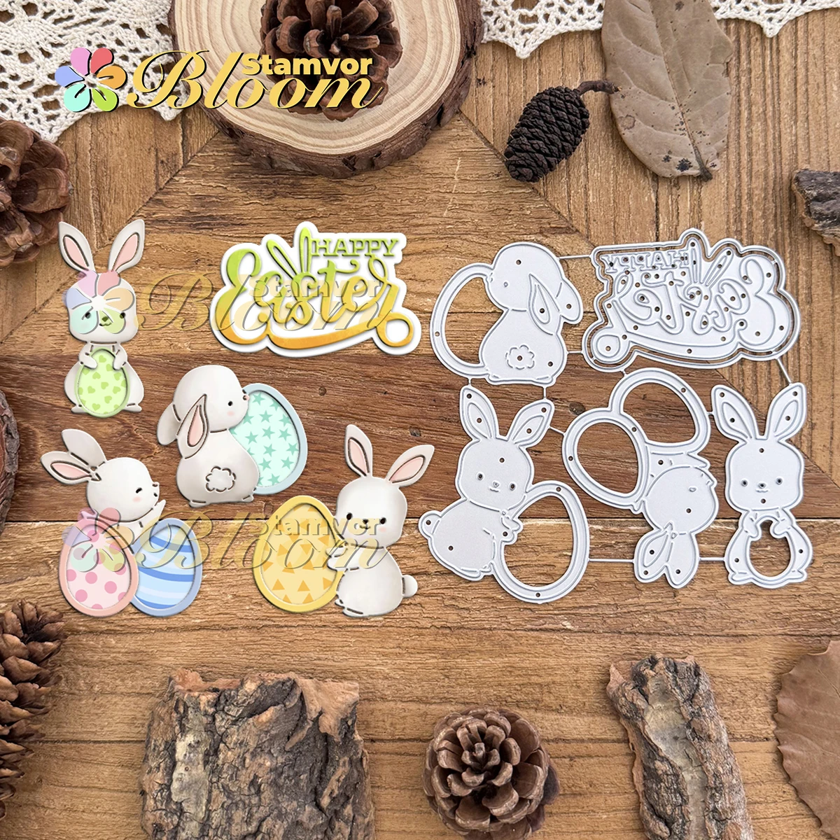 Original schöne Osterhase und Eier HAPPY EASTER Titelworte Metall-Stanzformen Scrapbooking dekorative Prägung