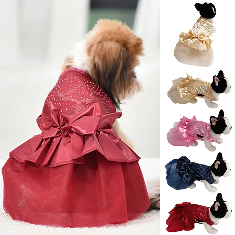 Rhinestone Dress Pet Cat Clothes Big Bows Satin Dresses for Dogs Cat Clothing Chihuahua Summer Pink Wedding Dress Pet Clothes