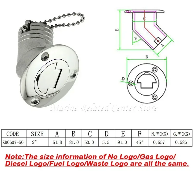 45/90 Degree Stainless Steel 316 Deck Filler Cap GAS DIESEL FUEL WASTE WATER 50mm(2inch) Marine Boat Yacht Hardware Deck Filler