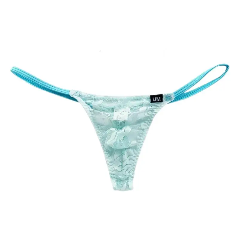 Men Low Waist Lace Transparent Thongs Ultra Thin U Bulge Pouch Sexy T Back G String Sissy Underwear