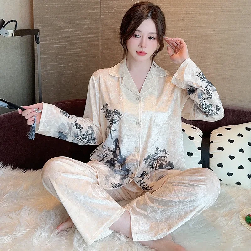 Plus Size Winter Spring Pajamas Women's Golden Velvet Chinese Ink Painting Loungewear 2-Piece Set Soft Comfortable Sleepwear