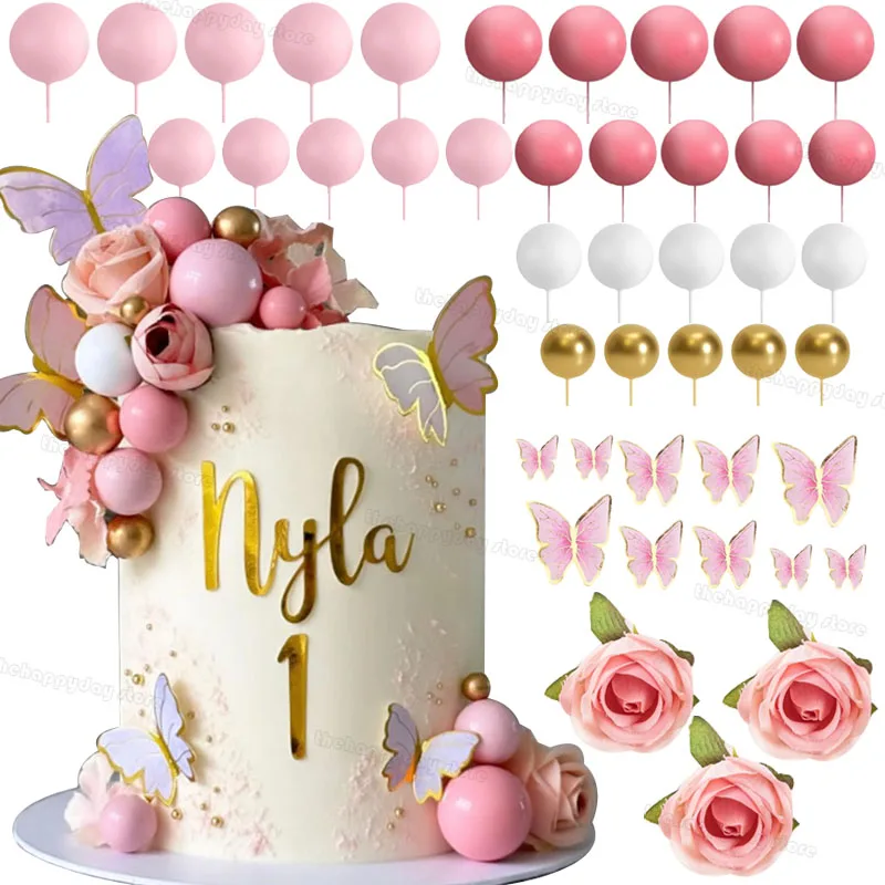 44Pcs Pink Butterfly Cake Toppers Balls Rose Flower Cake Decoration for Girls 1st Birthday Baby Shower Wedding Cake Topper Decor