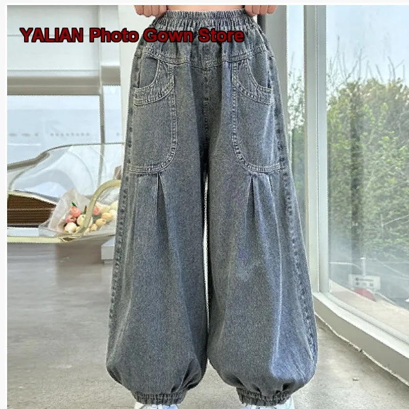 Girls Denim Harem Pants Kids Summer Loose Fit Thin Breathable Casual Lantern Style Older Kids