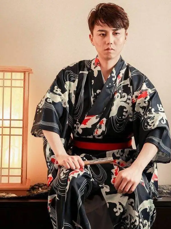 

Traditional Samurai Kimono Suit for Men Formal Photography Studio Four Seasons Goldfish Wave Bathrobe Traditional Set Costume
