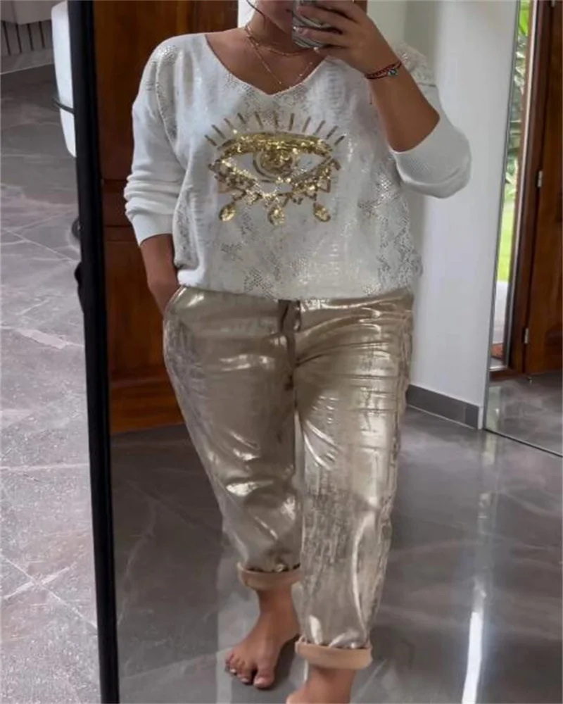 Plus-size suit women's casual fashion metal eye decoration long-sleeved shirt casual pants plus-size women's clothing