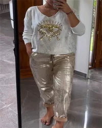 Plus-size suit donna casual fashion metal eye decoration camicia a maniche lunghe pantaloni casual plus-size abbigliamento donna